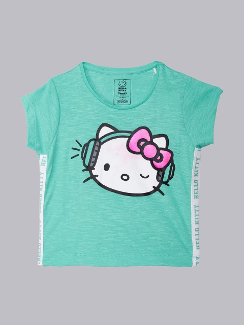

Kids Ville Girls Black Hello Kitty Printed Round Neck T-shirt, Sea green