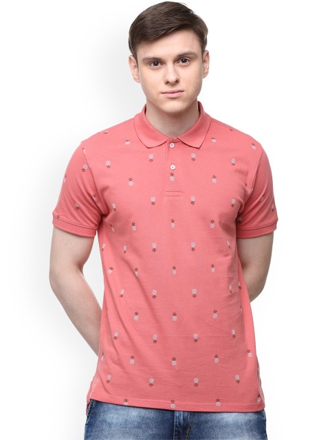 

People Men Pink Printed Polo Collar T-shirt
