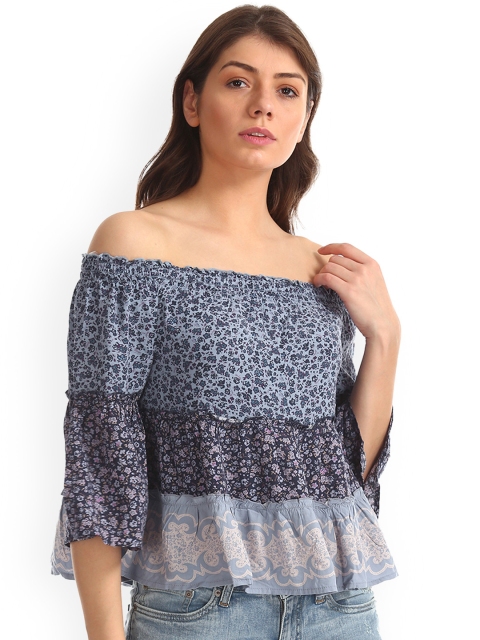 

Aeropostale Women Blue Printed Bardot Top