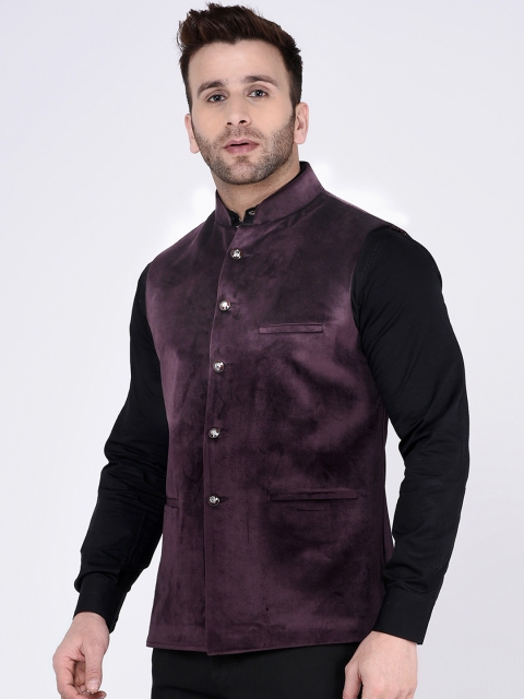 

TAG 7 Men Purple Solid Velvet Nehru Jacket