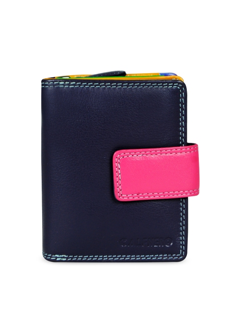 

CALFNERO Navy Blue & Pink Colourblocked Leather Two Fold Wallet