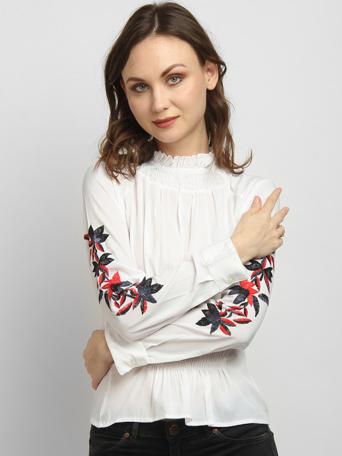 

LA LOFT Women White Solid Cinched Waist Top