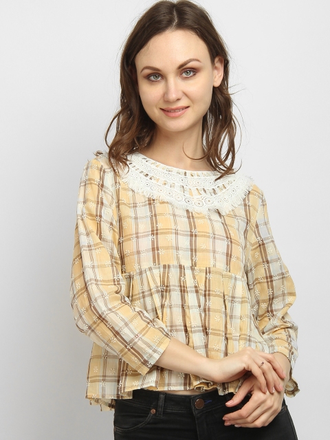 

LA LOFT Women Off-White & Beige Checked Empire Pure Cotton Top