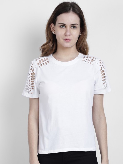 

LA LOFT Women White Solid Round Neck T-shirt