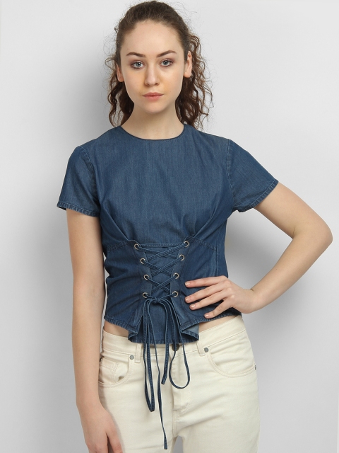 

LA LOFT Women Blue Solid Cinched Waist Pure Cotton Top
