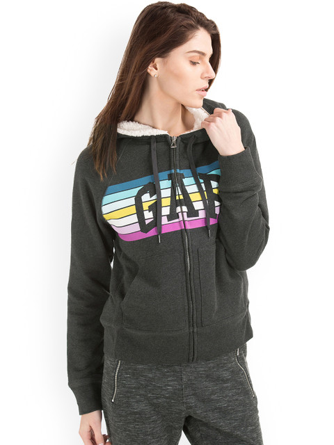 

GAP Women Grey Printed Hooded Sweatshirt