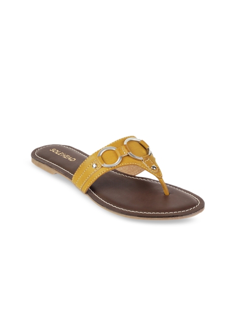 

SOLE HEAD Women Mustard Solid Synthetic T-strap Flats