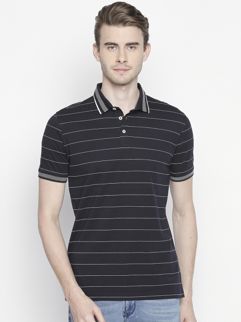

BYFORD by Pantaloons Men Navy Blue & White Striped Polo Collar T-shirt