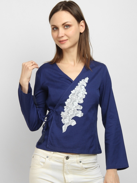 

LA LOFT Women Blue Self Design Wrap Pure Cotton Top