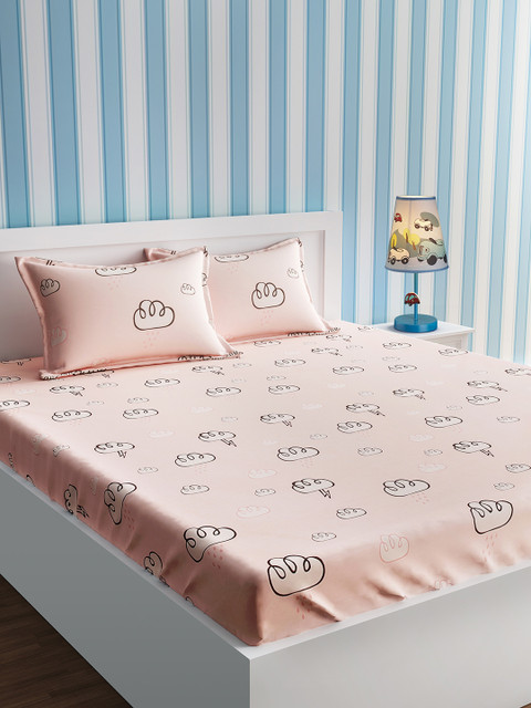 

URBAN DREAM Pink Conversational Print 210 TC Cotton 1 Queen Bedsheet with 2 Pillow Covers