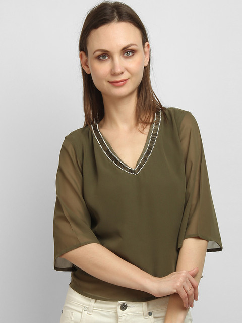 

LA LOFT Women Khaki Embellished Top