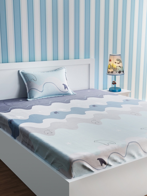 

URBAN DREAM Grey & Blue 210 TC Cotton 1 Single Bedsheet with 1 Pillow Cover