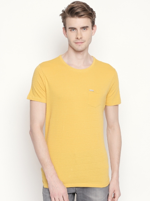 

SF JEANS by Pantaloons Men Mustard Yellow Self Striped Round Neck T-shirt