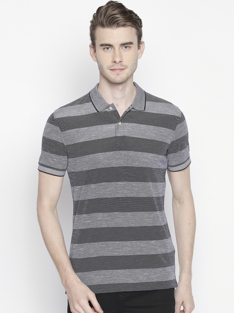 

BYFORD by Pantaloons Men Charcoal Grey Striped Polo Collar T-shirt