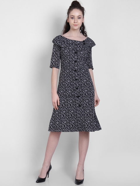 

LA LOFT Women Black Printed Fit and Flare Dress