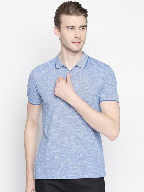 

BYFORD by Pantaloons Men Blue Self Striped Polo Collar T-shirt
