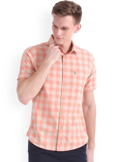 U.S. Polo Assn. Men Orange Regular Fit Checked Casual Shirt