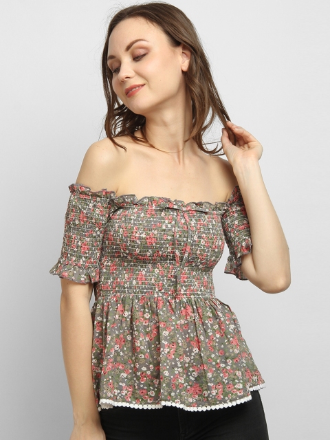 

LA LOFT Women Grey Printed Bardot Top