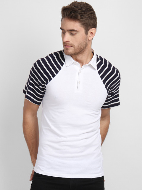

LA LOFT Men White Striped Polo Collar T-shirt