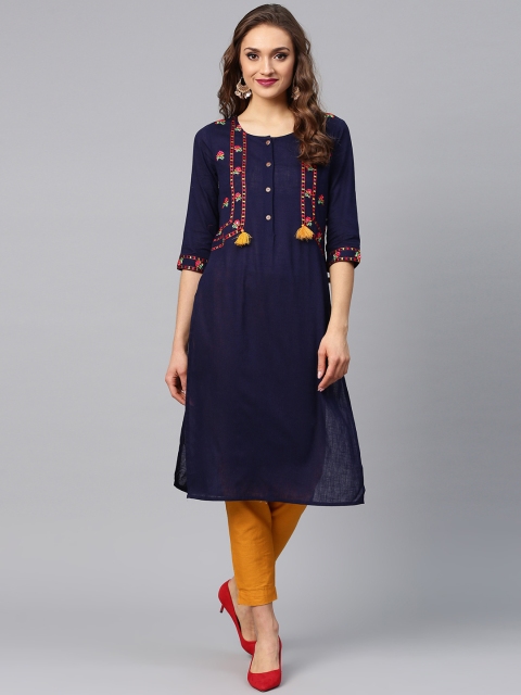 

Juniper Women Navy Blue Embroidered Straight Kurta