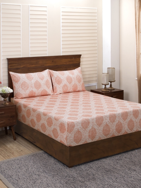 

MASPAR Peach-Coloured Abstract 400 TC Cotton 1 King Bedsheet with 2 Pillow Covers