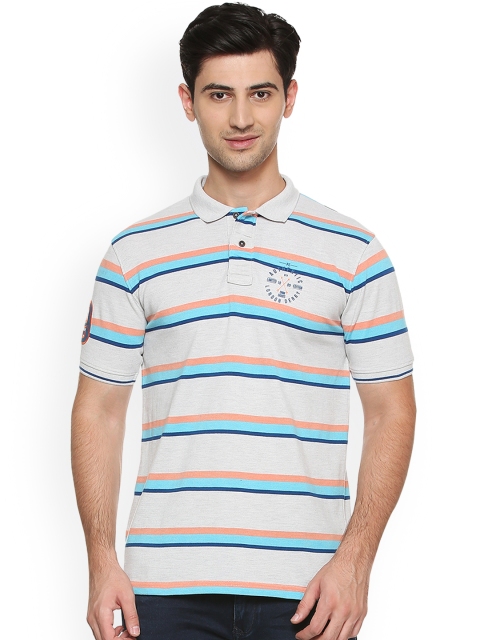 

Peter England Casuals Men Grey & Blue Striped Slim Fit Polo Collar T-shirt