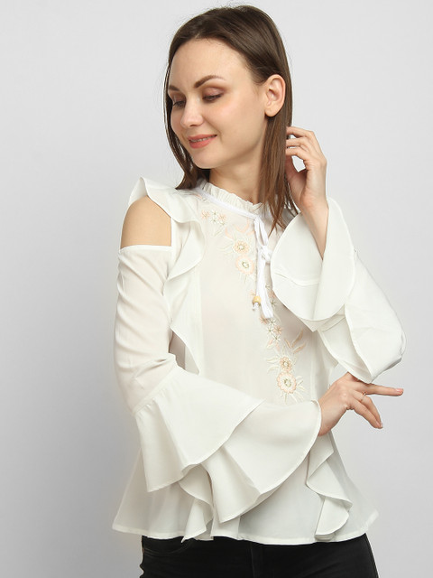 

LA LOFT Women White Self Design Peplum Top