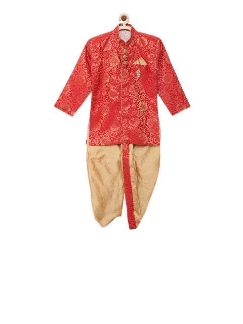 

Kidling Boys Red & Gold-Coloured Sherwani with Dhoti