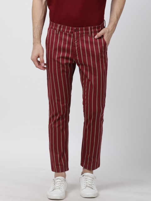 

Blue Saint Men Burgundy Slim Fit Striped Regular Trousers