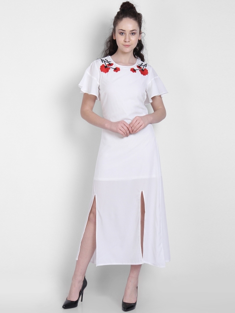 

LA LOFT Women White Embroidered A-Line Dress
