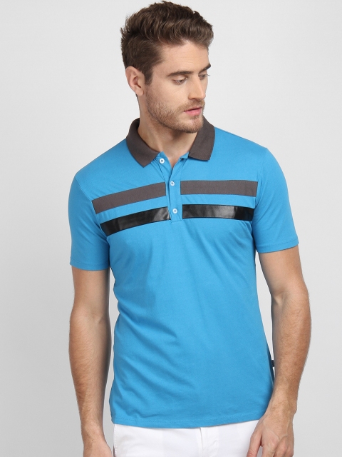 

LA LOFT Men Blue Striped Polo Collar T-shirt