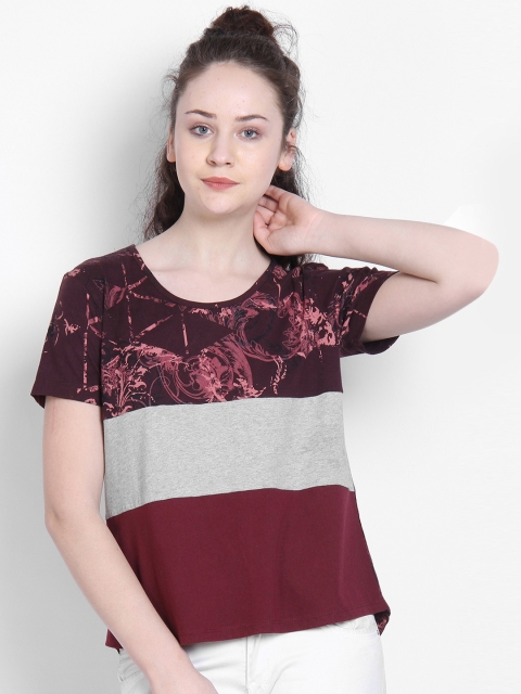 

LA LOFT Women Maroon & Grey Colourblocked Round Neck T-shirt