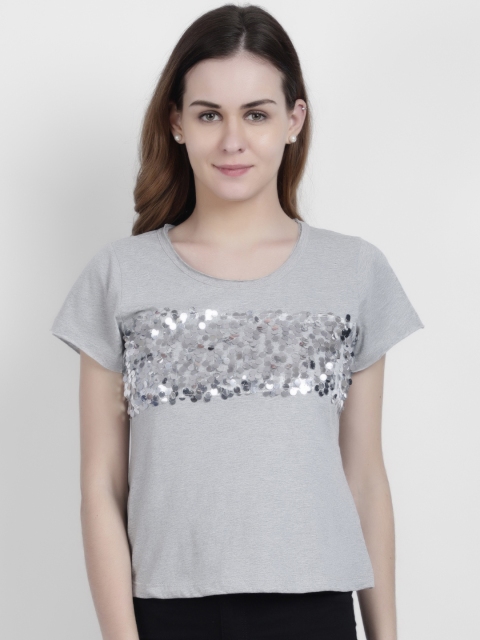 

LA LOFT Women Grey Self Design Round Neck T-shirt