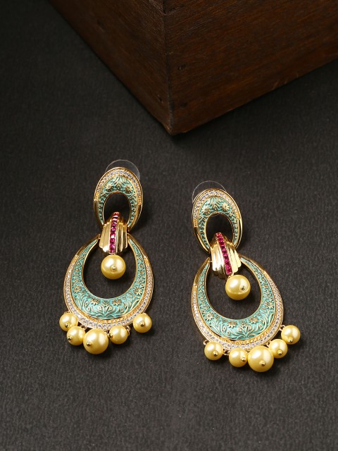 

Tistabene Gold-Toned & Teal Crescent Shaped Drop Earrings