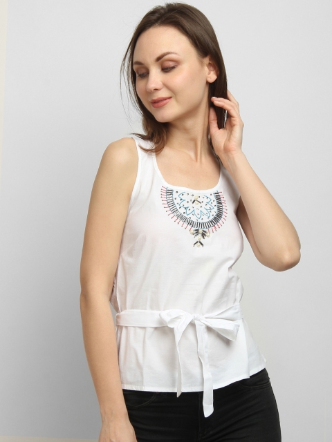 

LA LOFT Women White Embellished Cinched Waist Pure Cotton Top
