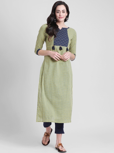 

Azira Women Green & Yellow Checked Straight Kurta