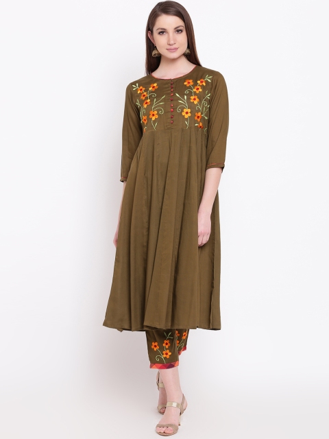 

Shakumbhari Women Olive Green Embroidered Kurta with Trousers