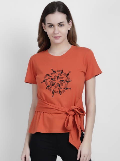 

LA LOFT Women Rust Printed Round Neck T-shirt