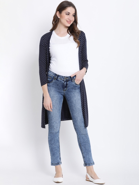 

WISSTLER Navy Blue & White Polka Print Open Front Longline Shrug