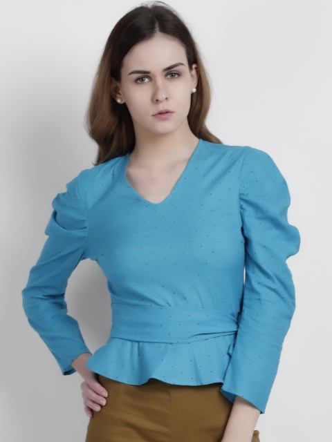 

LA LOFT Women Blue Printed Peplum Top
