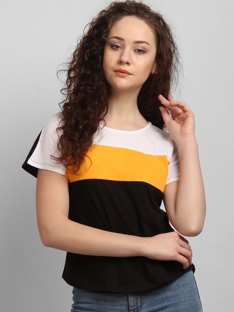 

LA LOFT Women Black & Yellow Colourblocked Round Neck T-shirt