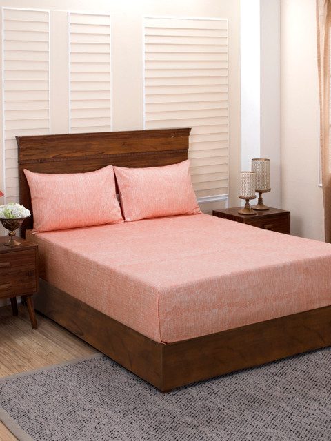 

MASPAR Peach-Coloured Abstract 400 TC Cotton 1 King Bedsheet with 2 Pillow Covers