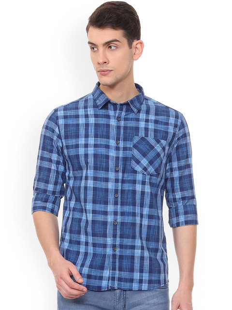 

People Men Blue Regular Fit Checked Casual Shirt