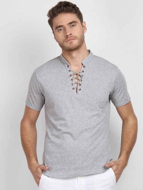 

LA LOFT Men Grey Solid Mandarin Collar T-shirt
