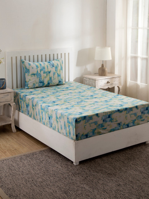 

MASPAR Blue Abstract 210 TC Cotton 1 Single Bedsheet with 1 Pillow Covers