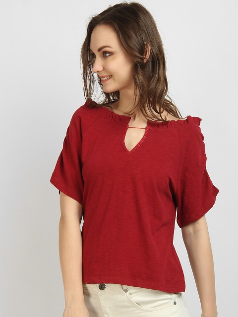 

LA LOFT Women Maroon Solid Top