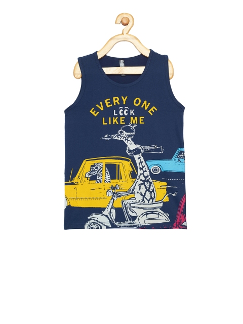 

Maniac Boys Navy Blue Printed Scoop Neck Pure Cotton T-shirt