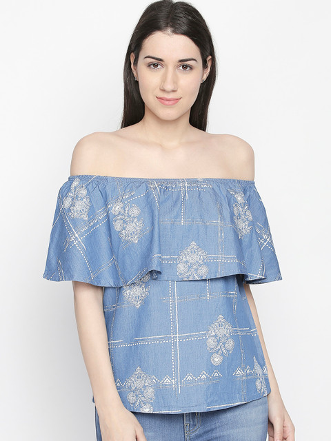 

AKKRITI BY PANTALOONS Women Blue Printed Bardot Pure Cotton Top