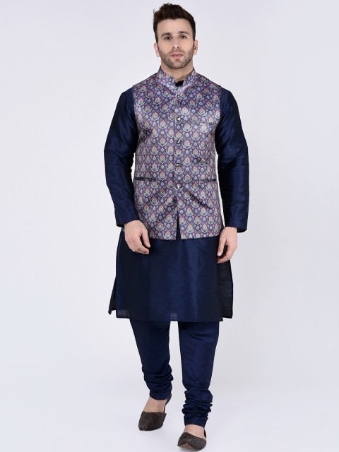 

TAG 7 Men Navy Blue Printed Kurta with Pyjamas
