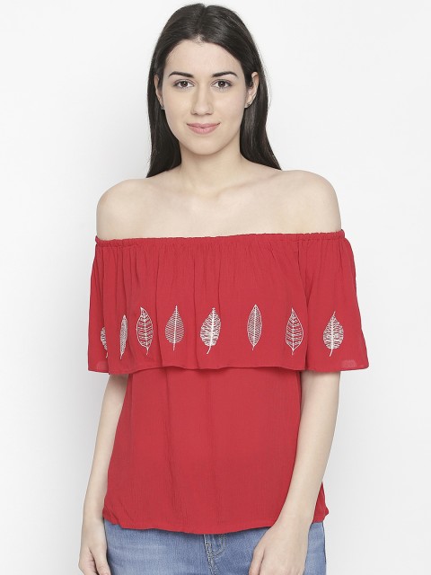

AKKRITI BY PANTALOONS Women Red Self Design Bardot Top